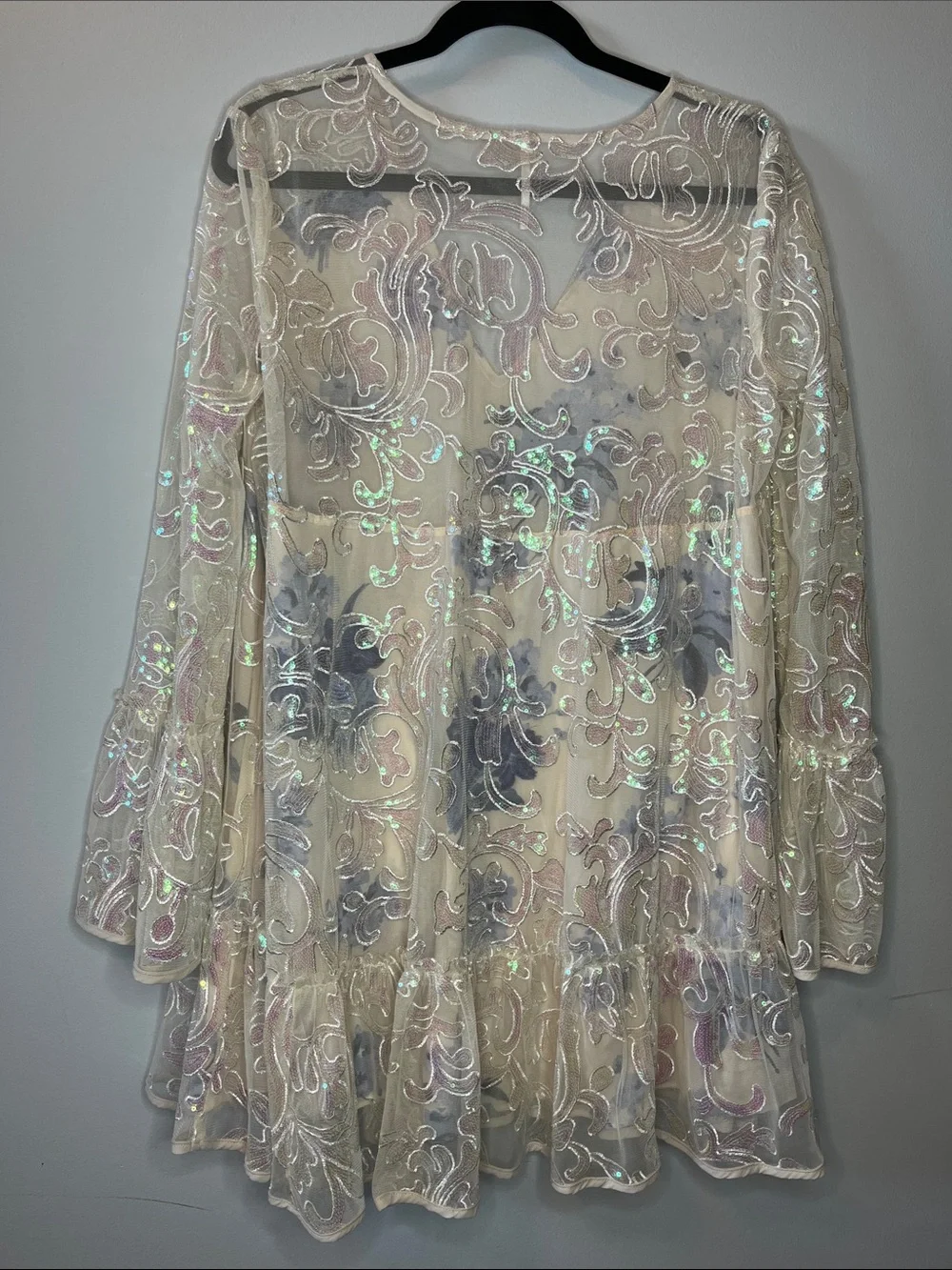 Free People Falling Flowers Flock mesh sequin ivory embroidery vneck dress